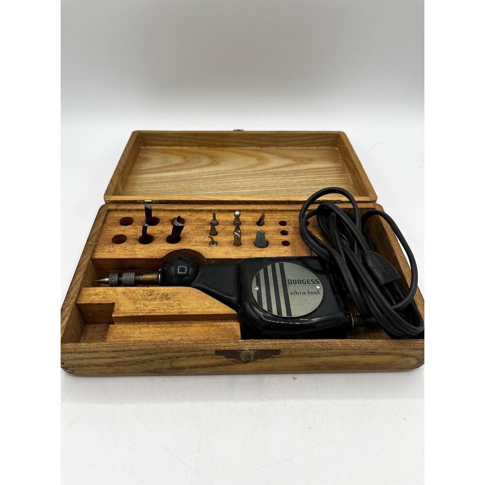 Vintage Burgess Vibro-Tool De Luxe Engraving Set Original Wood Case w Bits
